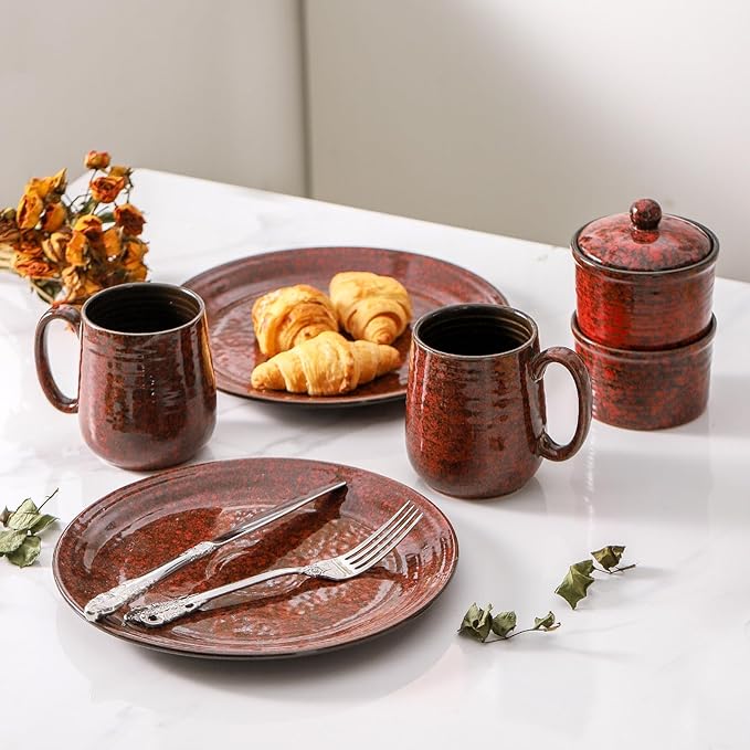 Hasense 10-Piece Service for 4 Dinnerware Set 65 Oz Bowls 10 inch Plates 15 Oz Mugs Red