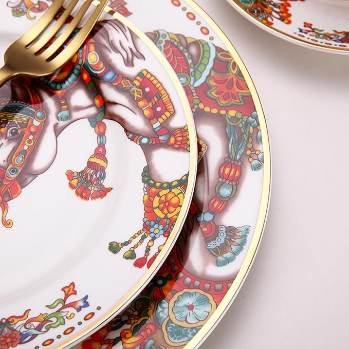 European Style Dinnerware Set Service for 2 Bone China Dinnerware Sets Unbreakable Porcelain Dinner Sets Coffee Cup and Saucer Tableware Set Steak Dinner Plates Dish Set Triumph Horse-2