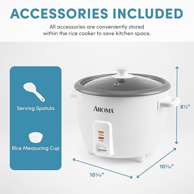 AROMA® Rice Cooker 8-Cup (Uncooked) / 16-Cup (Cooked) Pot-Style Rice Cooker and Soup Warmer with One-Touch Control 4 Qt White ARC-368NG