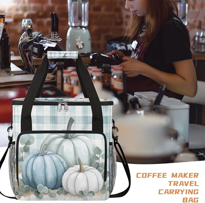 White Pumpkin Stripes Coffee Maker Carring Bag Travel Carrying Storage Tote Bag Compatible with Keurig K-Mini or K-Mini Plus Portable Single Serve Coffee Brewer Case with Pockets for K-cup Pods