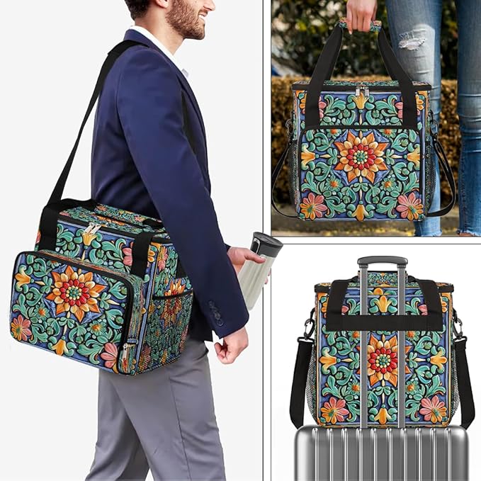 Ceramic Glass Flowers Coffee Maker Carring Bag Travel Carrying Storage Tote Bag Compatible with Keurig K-Mini or K-Mini Plus Portable Single Serve Coffee Brewer Case with Pockets for K-cup Pods