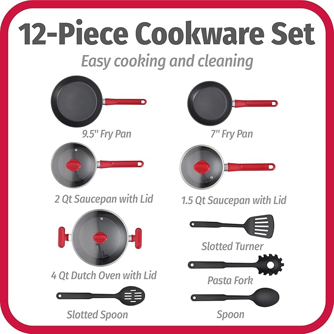 GoodCook ProEase 12-Piece Nonstick Cookware Set Includes 4-Quart Covered Dutch Oven Fry Pans Sauce Pans Utensils Even-Heating Aluminum Tempered Glass Lids Ergonomic Handles