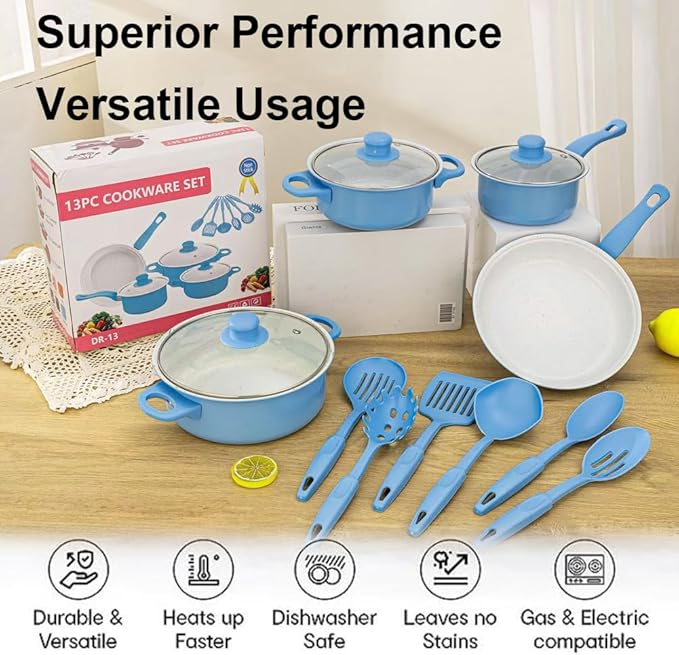 13 Piece Set Cookware Set Non-Stick Portable Lightweight Iron Pots and Pans with Glass Lids and Nylon Utensils for Outdoor Camping Picnic Travel Cookware
