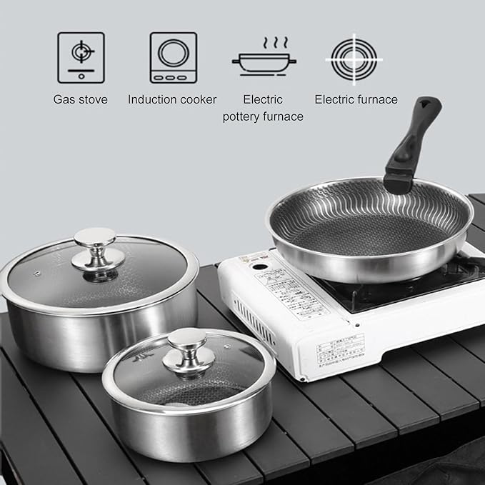2/3PCS Pots and Pans Set Stainless Steel Kitchen Cookware Set Removable Handle Cookware Outdoor Camping Nonstick Frying Pan Soup Pot Stackable Easy to Clean (3PCS)