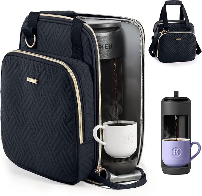 BAGSPRITE Coffee Maker Travel Bag Compatible with Keurig K-Mini Mate Full Open Carrying Case with Quilted Padded Soft Microfiber K--Cup Single Serve Coffee Maker Bag with Pod Organizer Mug Pockets