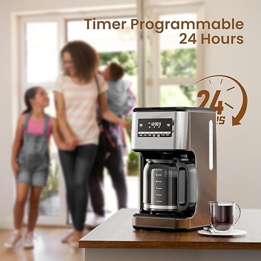 Coffee Maker 14-Cup Programmable Drip Coffee Makers with Reusable Filter &amp Keep Hot Plate Auto Pause Small Coffee Machines with Coffee Pot Timer Self-cleaning for Home Stainless Steel