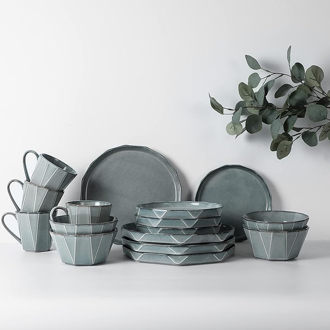 TABLE 12 16-Piece Dinnerware Set Stonewashed Dinnerware Set for 4 Including Dinner Plates Dessert &amp Salad Plates Bowls Mugs Modern Kitchen Set