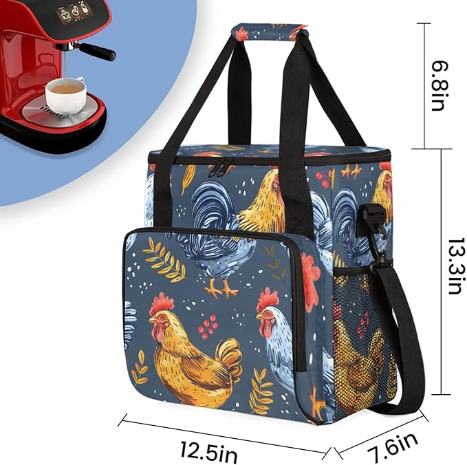 Chickens Coffee Maker Travel Bag for Keurig K-Mini/K-Mini Plus Insulated Waterproof Tote with Pockets for K-Cup Portable Single-Serve Brewer Case