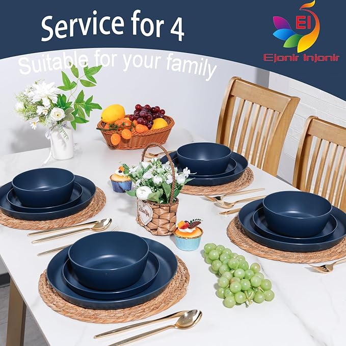 EI 12pcs Dark Blue Wheat Straw Dinnerware SetWheat Straw PlatesPlastic Plates ReusablePlate and Bowls SetsUnbreakable Plastic Plate for Dinner CampingPicnic