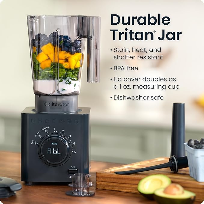Chefman Obliterator 48 oz Countertop Blender for Smoothies 1380W Motor to Crush Ice Nuts and Frozen Fruit with Stainless Steel Blade Auto Blend Function Includes 20 oz Travel Jar