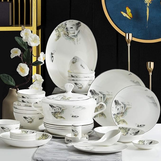 Ceramics Dinnerware Sets Porcelain Cereals Bowls/Steak Plates/Soup Pot | 50 Pieces Chinese Style Bone China Dinner Combination Set for Wedding Gifts