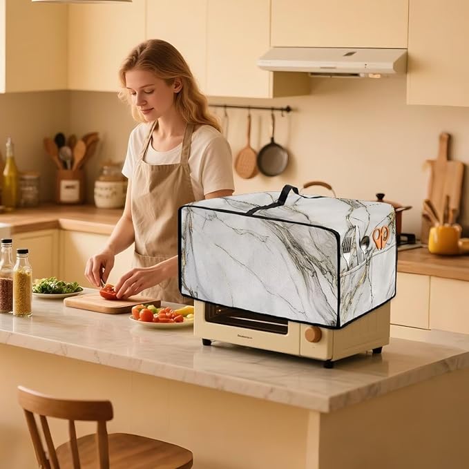 Toaster Oven Dustproof Cover Waterproof Bread Machine Protector with Handle Top Universal Fit Decorative Small Appliance Cover Gift White Marble - M