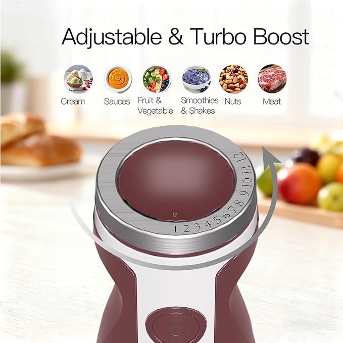MegaWise Pro Titanium Reinforced 5-in-1 Immersion Hand Blender Powerful Motor with 80% Sharper Blades 12-Speed Corded Blender Including 500ml Chopper 600ml Beaker Whisk and Milk Frother (Red)