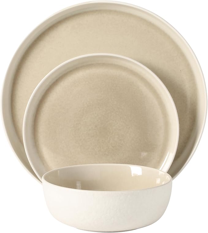Gibson Elite Tahoe Sunset 12-Piece Reactive Stoneware Dinnerware Set – Matte Exterior &amp Shiny Interior Plates and Bowls Durable Everyday Dish Set Microwave &amp Dishwasher Safe - Taupe