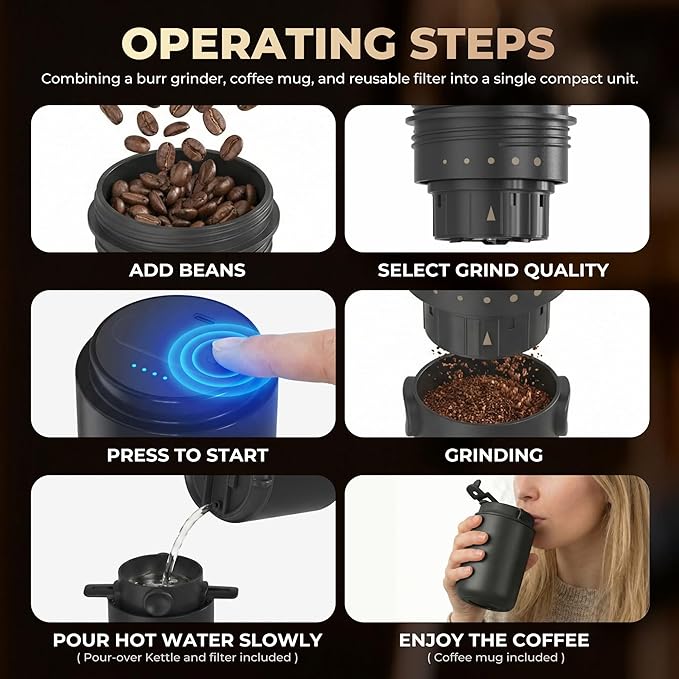 HAUSHOF Portable Coffee Maker Travel Coffee Maker Battery Operated Small Pour Over Set Compact Coffee Maker with Electric Grinder &amp Insulated Mug for Travel Camping Car