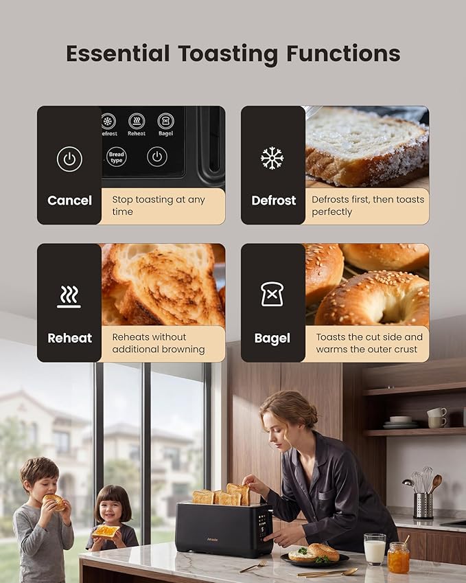 4 Slice Toaster Long Slot Touch Screen Retro Toaster with Digital Countdown Extra-Wide Slots for Bagels &amp Artisan Bread 6 Browning Levels 5 Bread Modes Defrost Reheat Cancel Stainless Steel