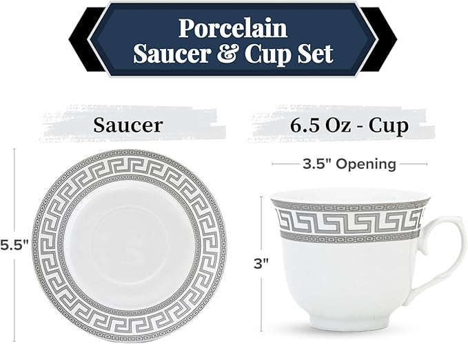 Luxurious 20 Piece Dinnerware Set - Service for 4 - Vintage Silver Greek Key Edge Design - Elegant Ceramic Plates and Bowls - Classic Dish - Kitchen Plates Set for 4 (Meander Silver 2020)