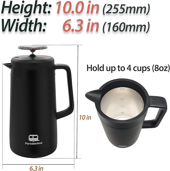 PortableAnd 34oz Double Vacuum Insulation Large Silicone French Press Coffee Maker Metal Stainless Steel Matte Black Perfect for Camping Travel and At-Home Use (Light Gold)
