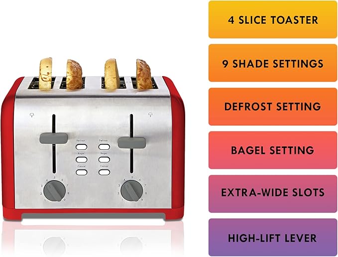 Kenmore Toaster 4 Slice - Extra Wide Slot Countertop Kitchen Appliance Defrost Function Grille-Pain 9 Shade Settings Compact Design Easy Clean Crumb Tray Bread Bagel Stainless Steel &amp Red