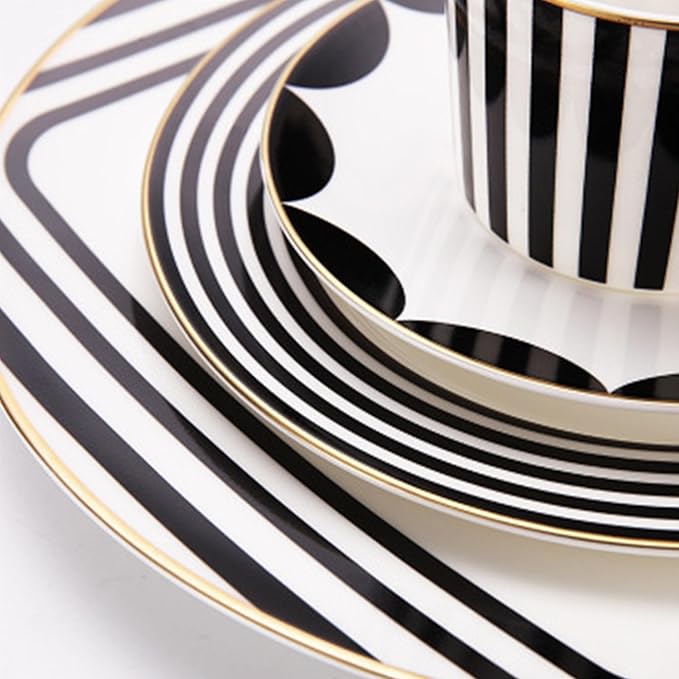 8 Piece Art Deco Bone China Dinnerware Set Black and White Geometric Pattern with Gold Trim Dishwasher SafeIdeal for Hotel Banquets Family Gatherings Weddings
