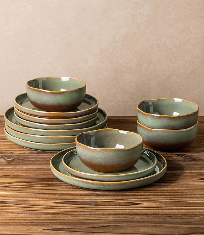 TheTerra Ceramic Dinnerware Sets for 4 12 Pieces Handmade Reactive Glaze Plates and Bowls Sets Scratch Resistant Dish Set Oven &amp Microwave &amp Dishwasher Safe Brown Green