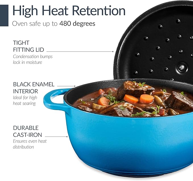 Best Choice Products Non-Stick Pot &amp Pan Cookware Set Cast Iron 2Qt Skillet W/Lid 10 Grill Or Griddle Pan W/Press 6Qt Enameled Dutch Oven Non-toxic For Cooking &amp Grilling - Blue