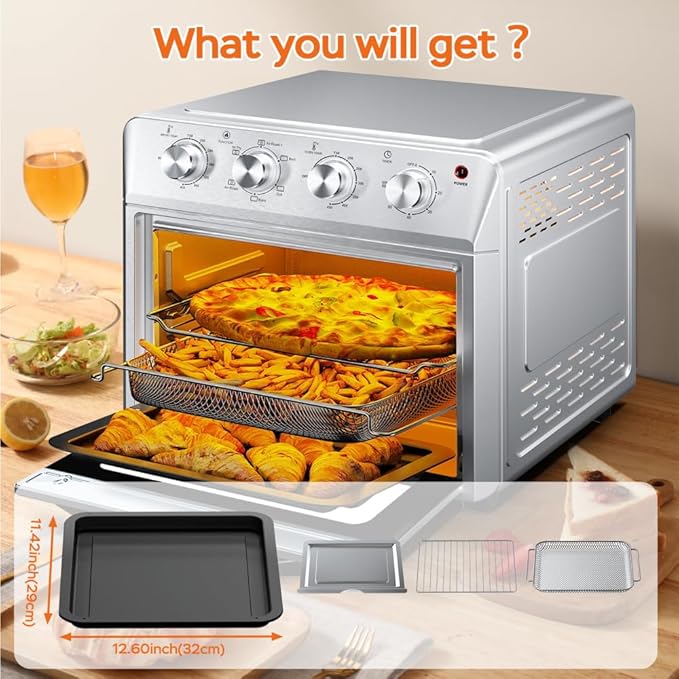 Air Fryer Oven 27.5QT 6-in-1 Countertop Oven Air Fry Bake Broil Toast Warm Dehydrate 4 Knob Control 1600W Family Size Silver