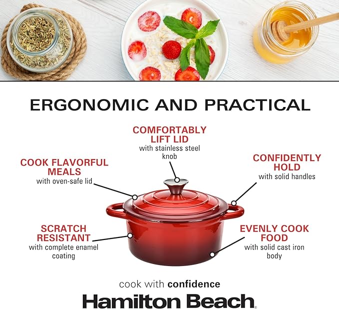 Hamilton Beach 3-Quart Enameled Cast Iron Dutch Oven with Lid | Heavy-Duty Pot for Braising Roasting &amp Baking | Red