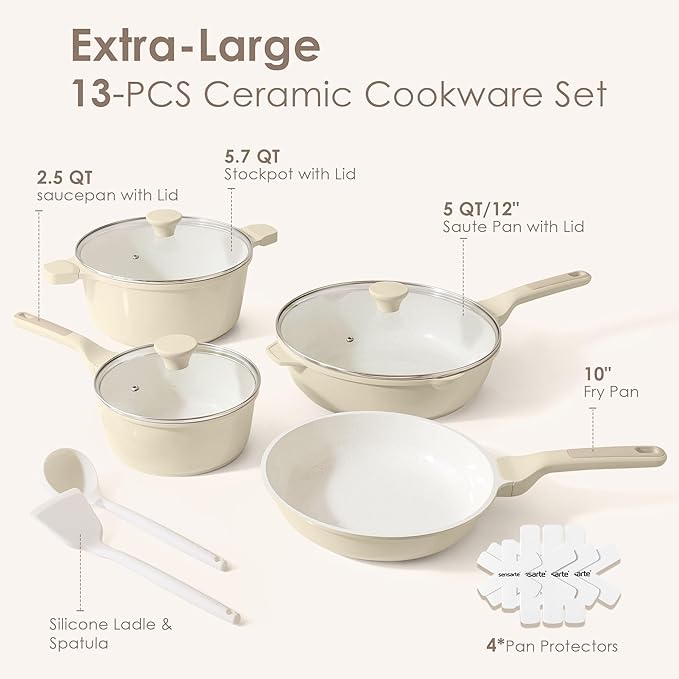 SENSARTE Nonstick Ceramic Cookware Set Large-Size 13-Piece Healthy Pots and Pans Set Non-toxic Kitchen Cooking Set with Stay-Cool Handles PFAS and PFOA Free Cream White