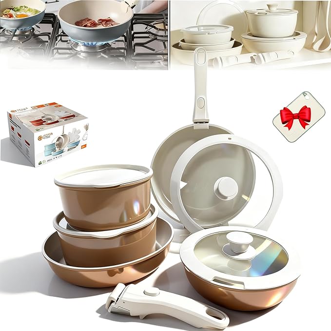 Cookware Set Ceramic Cookware Set Removable Handle 2026 New 11 Piece Nonstick Detachable Handle Cookwares Non Stick Cookwares Sets for Kitchen (Brown11pcs)