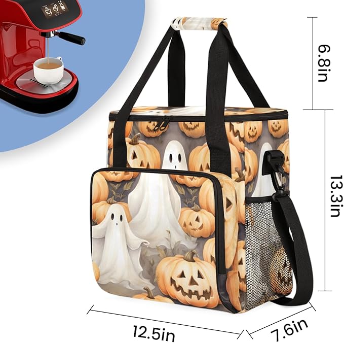 Halloween Ghosts Pumpkin Coffee Maker Carrying Bag Travel Storage Bag Compatible with K-Mini or K-Mini Plus Single Serve Coffee Brewer Carrying Case with Multiple Pockets &amp Shoulder Strap