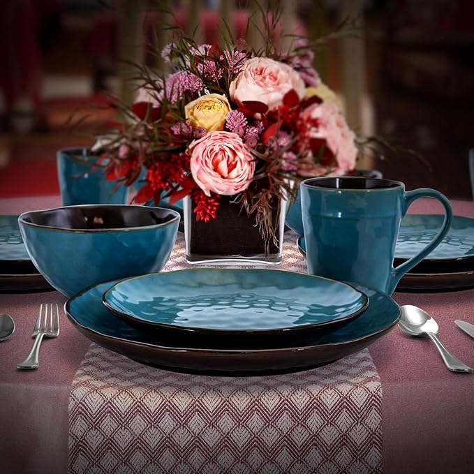 16 Piece Turquoise Stoneware Dinnerware Set – Textured Plates Bowls &amp Mugs for 4 Dishwasher &amp Microwave Safe