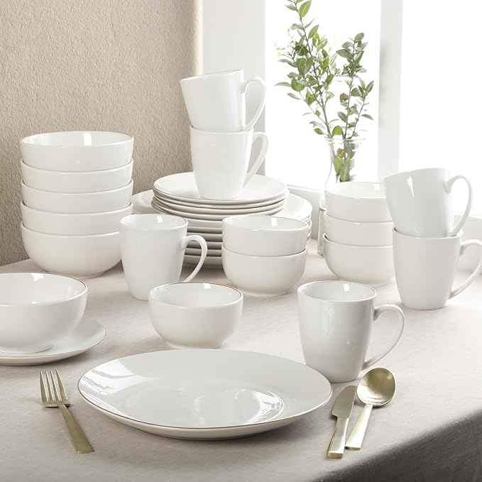 30 Piece Gold Banded Fine Ceramic Dinnerware Set – Service for 6 Elegant Round Plates Bowls &amp Mugs for Formal Dining and Everyday Meals