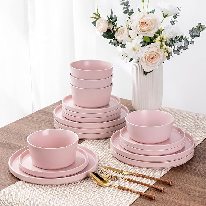 AmorArc Ceramic Dinnerware Sets of 4 Modern Flat Stoneware Plates and Bowls SetsChip and Crack Resistant | Dishwasher &amp Microwave Safe Dishes SetScratch Resistant- Service for 4 (12pc)-Matte Pi