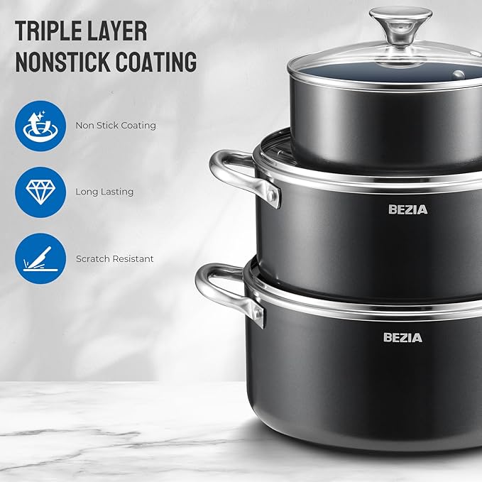 Induction Cookware Set 6-Piece Stackable Kitchen Cooking Pots Set 6qt 4.8qt &amp 2qt Pots with Lids Dishwasher Safe &amp Oven Safe Compatible with All Stoves Black