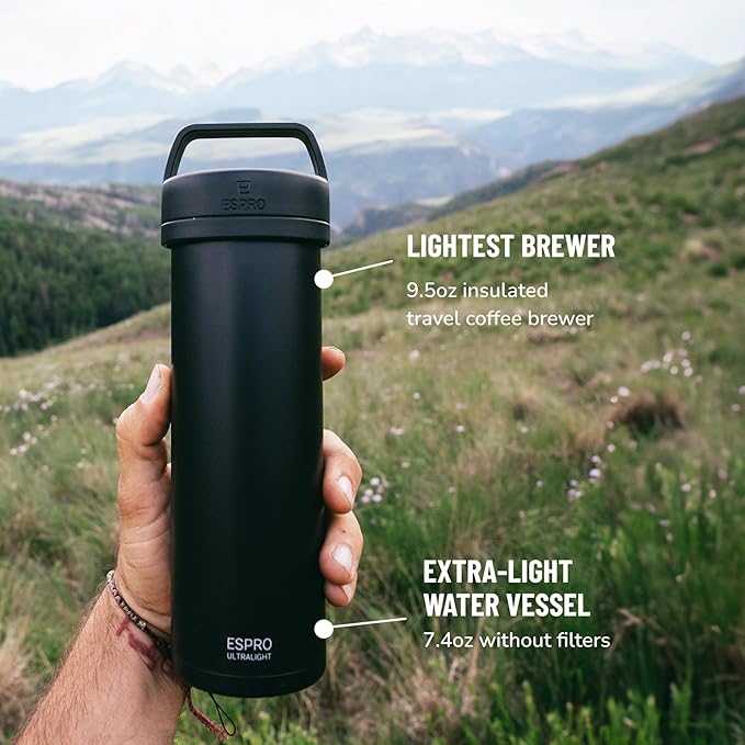 ESPRO P0 Ultralight French Press Coffee Maker for Travel Vacuum Insulated Stainless Steel 16 Ounces Matte Meteorite Black