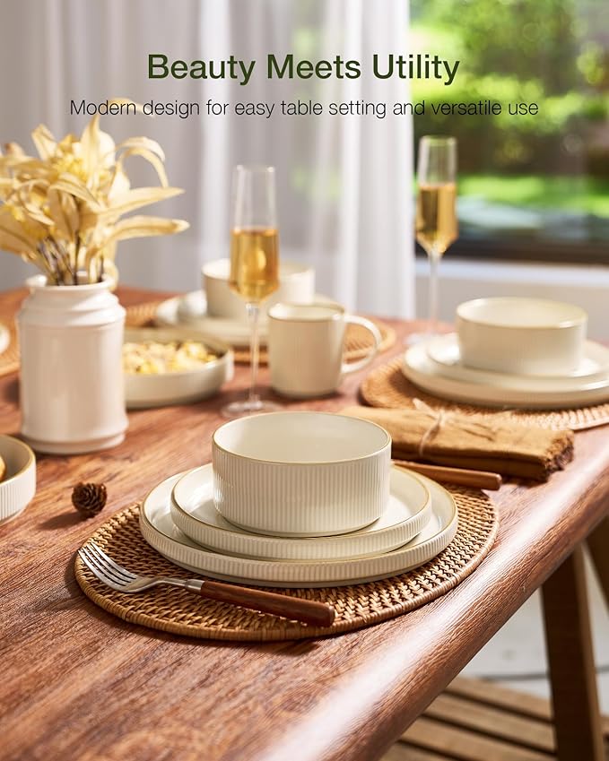 Famiware Star Dinnerware Set Plates and Bowls Sets for 8 (24pcs) Ribbed Stoneware Dishes - Chip &amp Scratch Resistant Microwave &amp Dishwasher Safe Tableware White