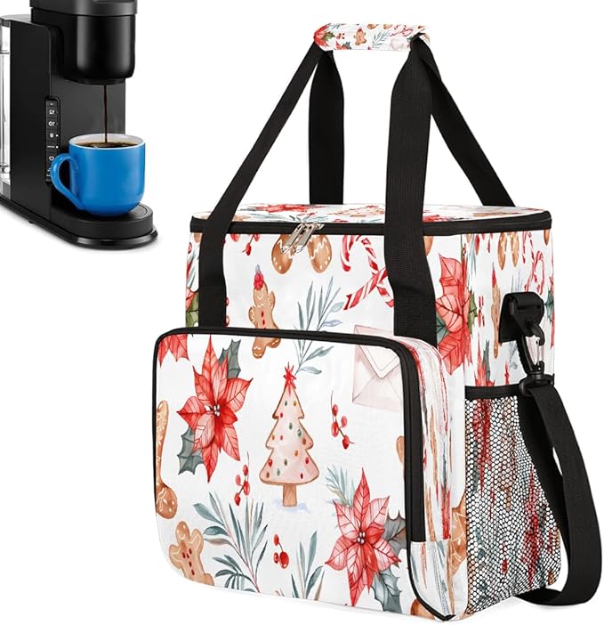 Christmas (720) Coffee Maker Carring Bag Travel Carrying Storage Tote Bag Compatible with Keurig K-Mini or K-Mini Plus Portable Single Serve Coffee Brewer Case with Pockets for K-cup Pods