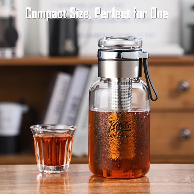 Bincoo Glass Cold Brew Coffee Maker with Extended Fine Mesh Filter Tea Infuser Bottle Iced Coffee Maker with Thick Borosilicate Glass (500ml/17oz)
