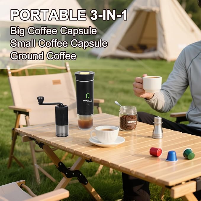 Coffee Maker Set Portable Espresso Machine and Coffee Grinder 3 in 1 Travel Coffee Maker Compatible Ground Coffee Capsules (NS＆DG) for Outdoor Camping Hiking Office