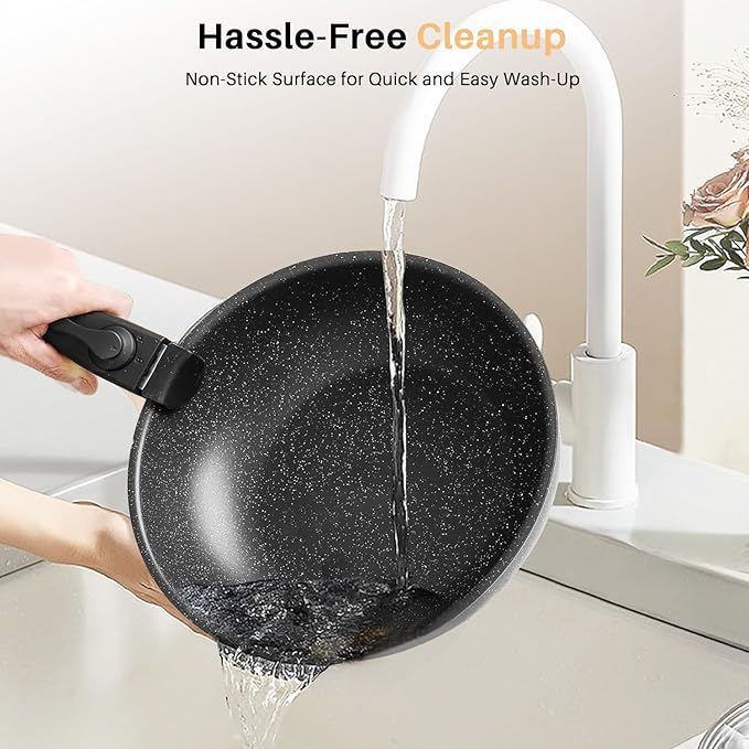12 PCS Pots and Pans Set Non Stick Kitchen Induction Cookware Oven-Safe Stackable RV Cookware with Detachable Handle Black