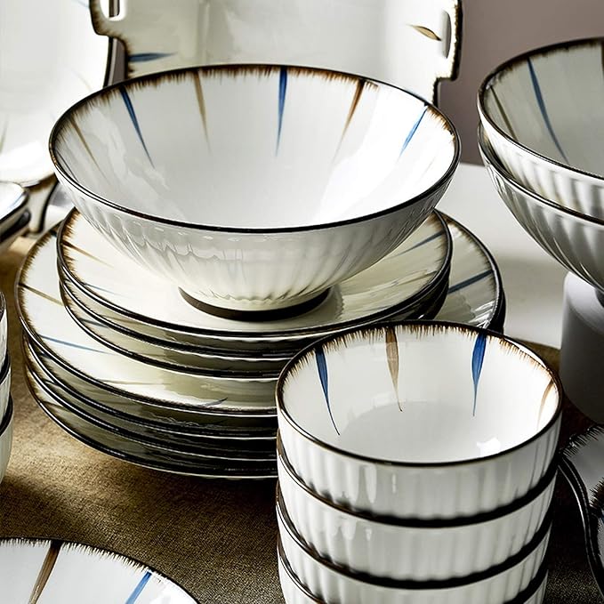New Dinnerware Sets Ceramics Dinner Sets 31 Pieces -Style Dinnerware Set | Stripe Porcelain Cereal Bowl and Steak Plate for Restaurant and Family Gathering