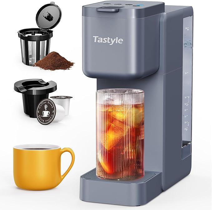 Single Serve Hot &amp Iced Coffee Maker with Strong Brew 40oz Removable Reservoir 6 Brew Sizes Compatible with K Cup and Grounds Compact for Home Office RV and Dorm Gray (2.0 Version)