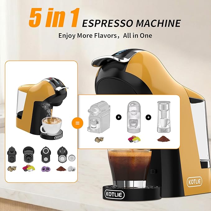 KOTLIE EM-308B Espresso Machine Single Serve Coffee Maker Compatible with Multiple Capsule Types Ground Coffee and ESE Pods 3 Temperatures 7 Water Volume Levels 34 Oz（Yellow）