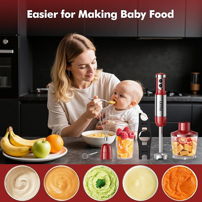 Immersion Blender Handheld Hand Blenders 20 Speed &amp Turbo Mode Hand Held Blender Heaviest Duty Copper Motor Stainless Steel Blades Milk Frother Wand Whisk 600ml Beaker 500ml Chopper (Red)