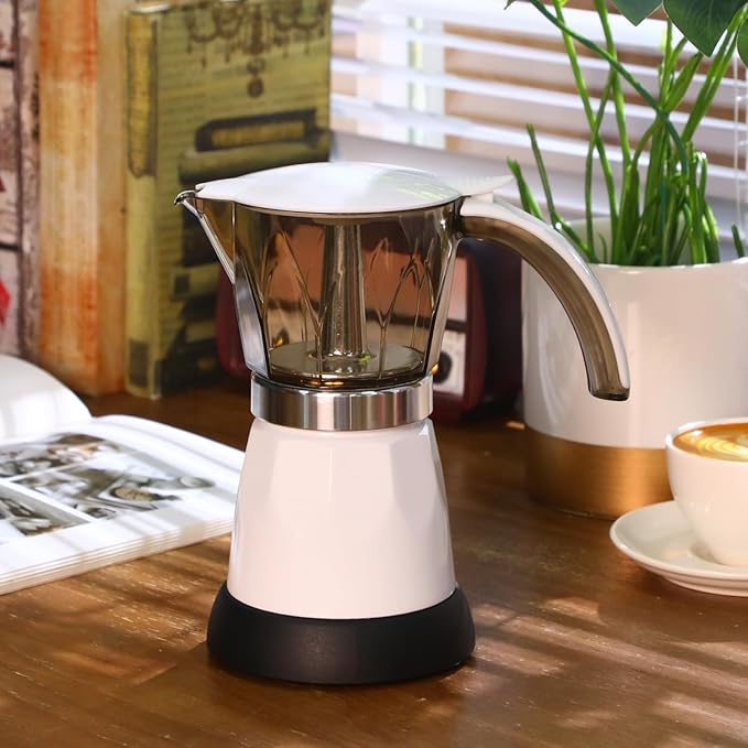 Electric Espresso Maker Transparent Coffee Maker Electric Moka Pot Portable Aluminum Espresso Machine Italian Moka Pot with Detachable Base Coffee Gift for Women Men Home Travel (White6 Cup)