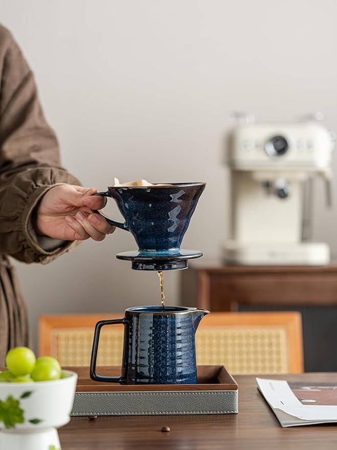 Pour Over Coffee Maker SetCeramic Coffee Maker With 40 pcs Paper Filter15oz/450ml Pour Over Coffee Dripper (Starry Blue)