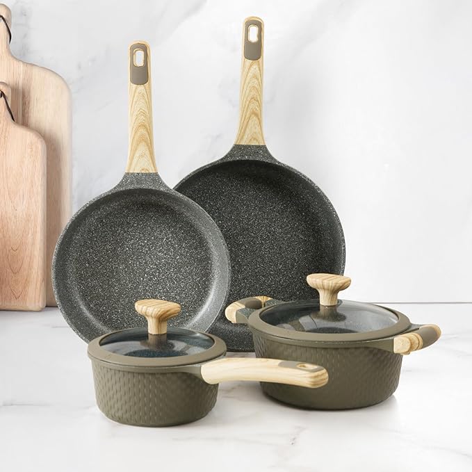 Bambù 6Pcs Cookware set Die-cast Aluminum pots and pans Nonstick frying pans and casseroles Induction safe PFOA-free (Green 6 pcs)