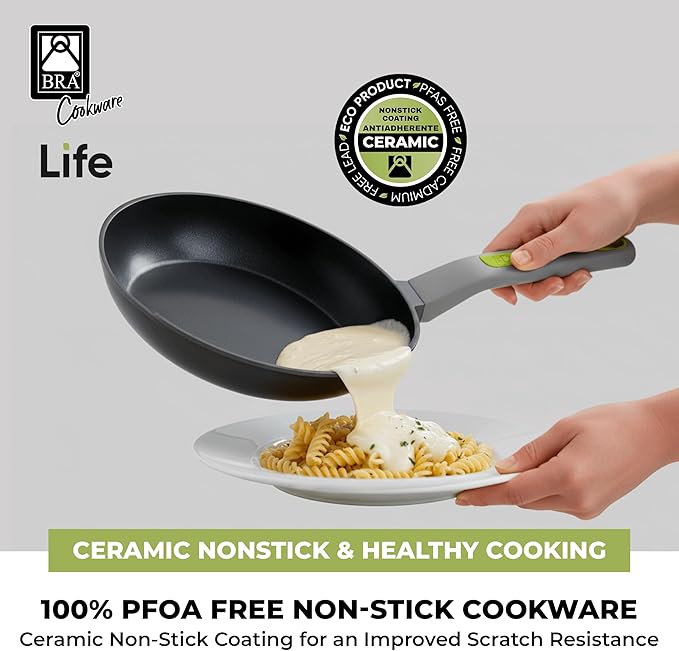 BRA COOKWARE Life 5-Piece Ceramic Cookware Set | Recycled Cast Aluminum Pots &amp Pans Set w/ 1 Sauté Pan 2 Pan 1 Wok 1 Lid | Ceramic Non-Stick Coating | All Stovetos | PFOA Free