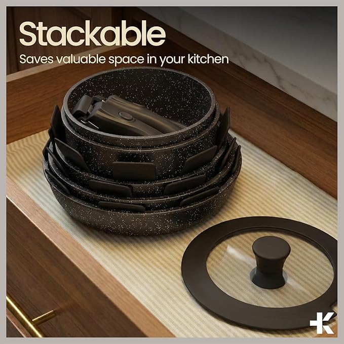 Pots &amp Pans Set Non Stick Ceramic-Granite – 15-Piece Cookware with Detachable Handles Stackable Space-Saving Dishwasher Safe Oven &amp All-Stove Safe Tempered Glass Lids Black Granite